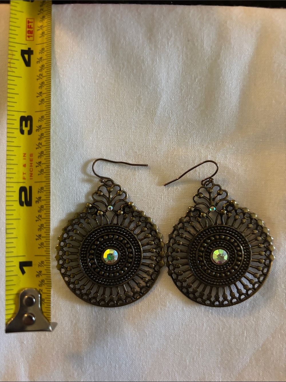Antique Bronze Filigree Drop Earrings with Iridescent Stone